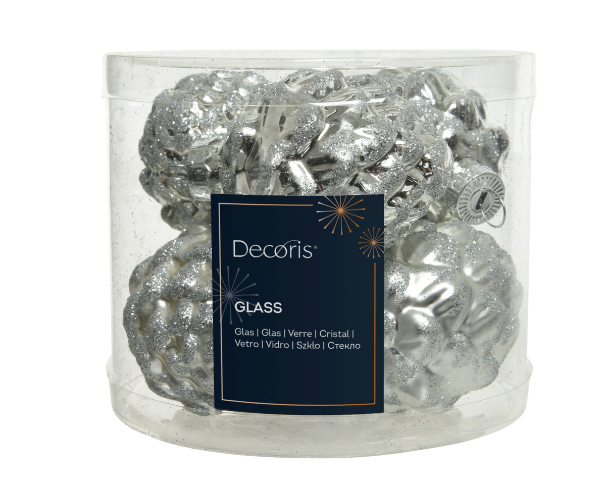 dennenappel glas shiny,matt glitter mix zilver d.5cm x h.7cm