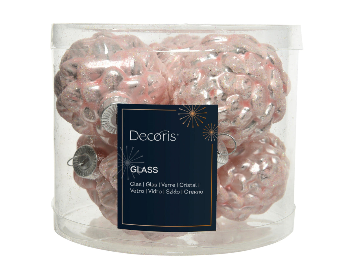 dennenappel glas enamel, matt glitter mix poederroze d.5cm x h.7cm