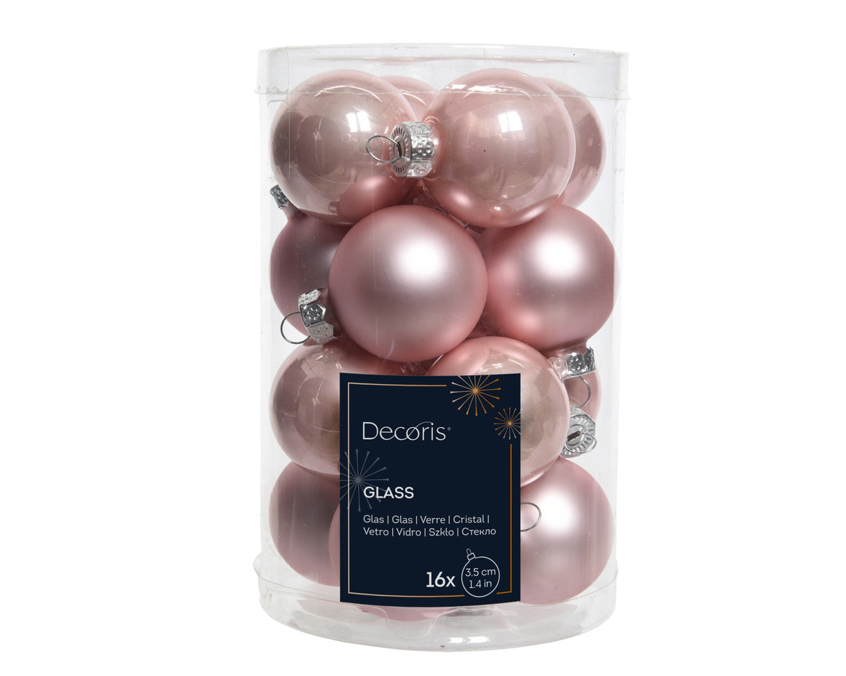 kerstballen glas shiny/mat mixpoederroze d.3.5cm koker a 16 stuks