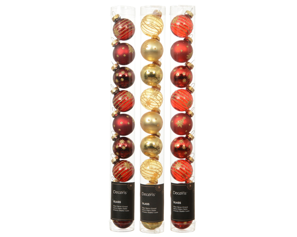 kerstballen glas shiny - matt with swirl line - with tree - with star 3col ass assortie d.3cm
