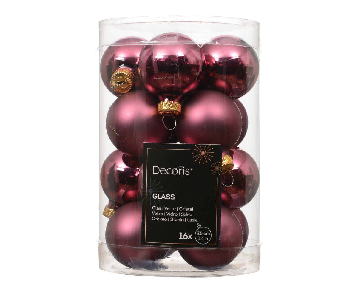 kerstballen glas shiny/mat mix donker roze d.3.5cm koker a 16 stuks