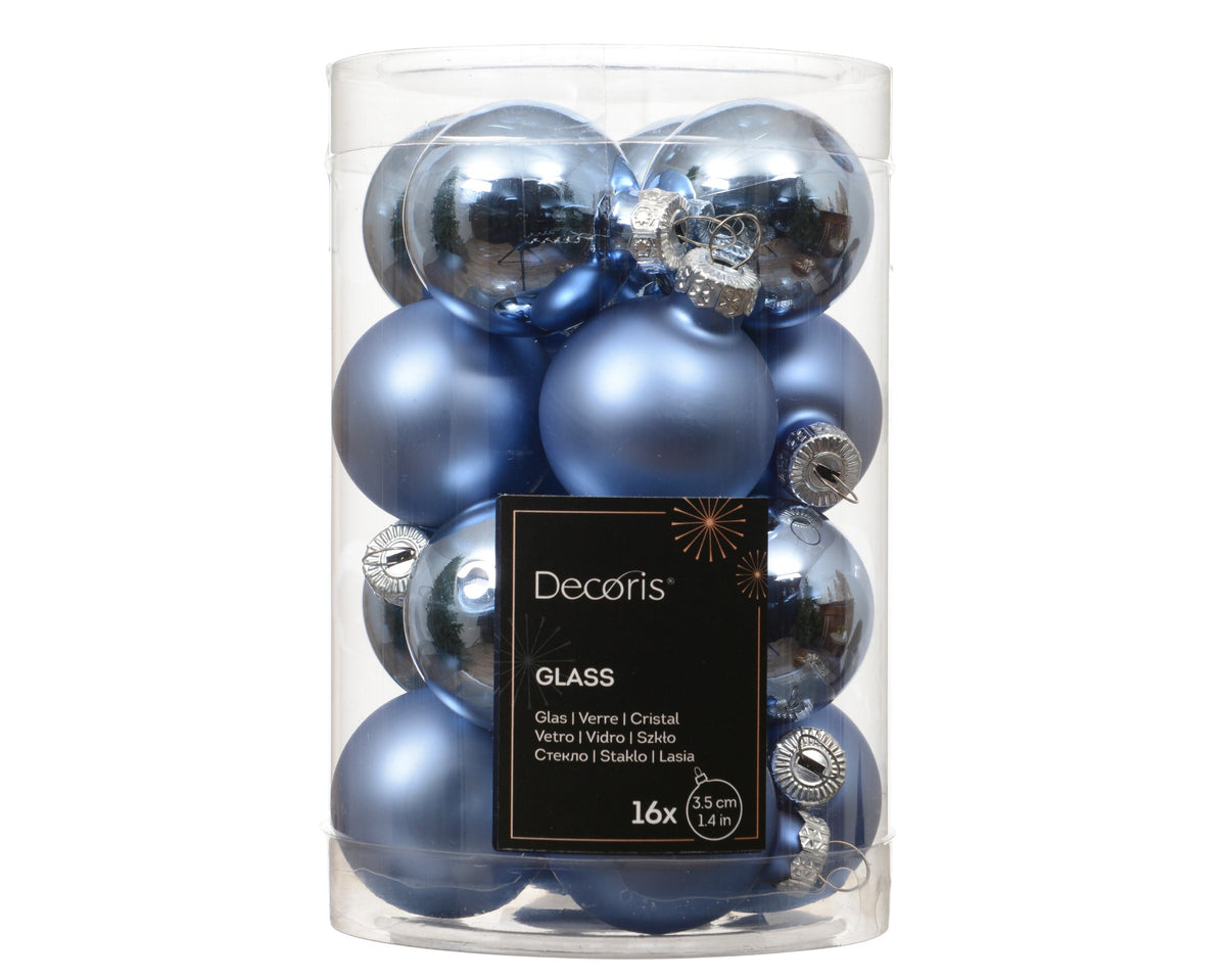 kerstballen glas shiny/mat mix ochtend blauw d.3.5cm koker a 16 stuks