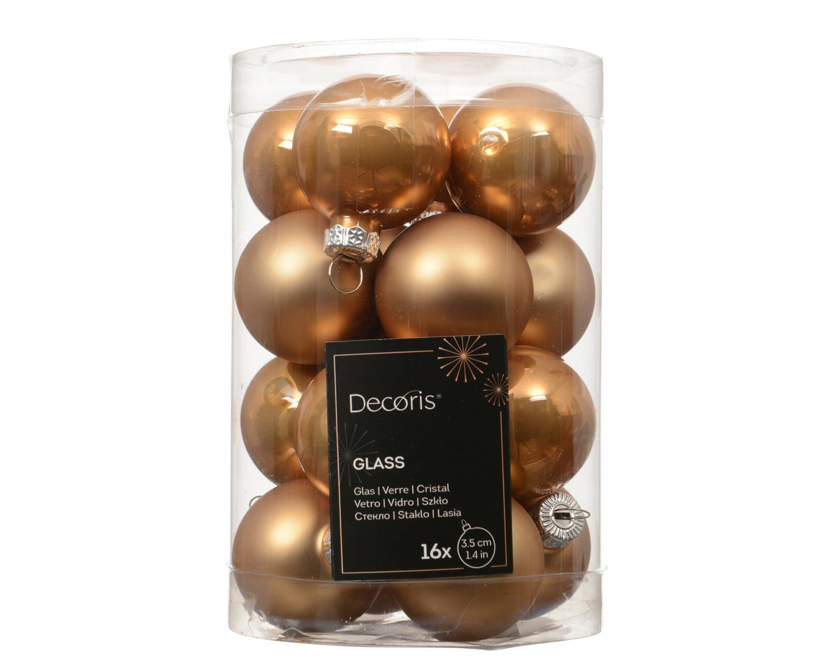 kerstballen glas shiny/mat mix karamel bruin d.3.5cm koker a 16 stuks
