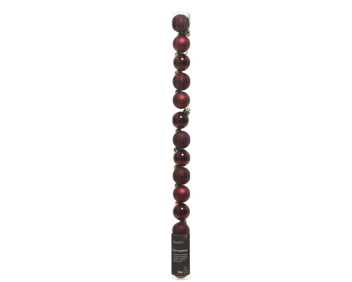 kerstballen polystyreen shiny, matt, glitter mix ossenbloed d.3cm koker a 14 stuks