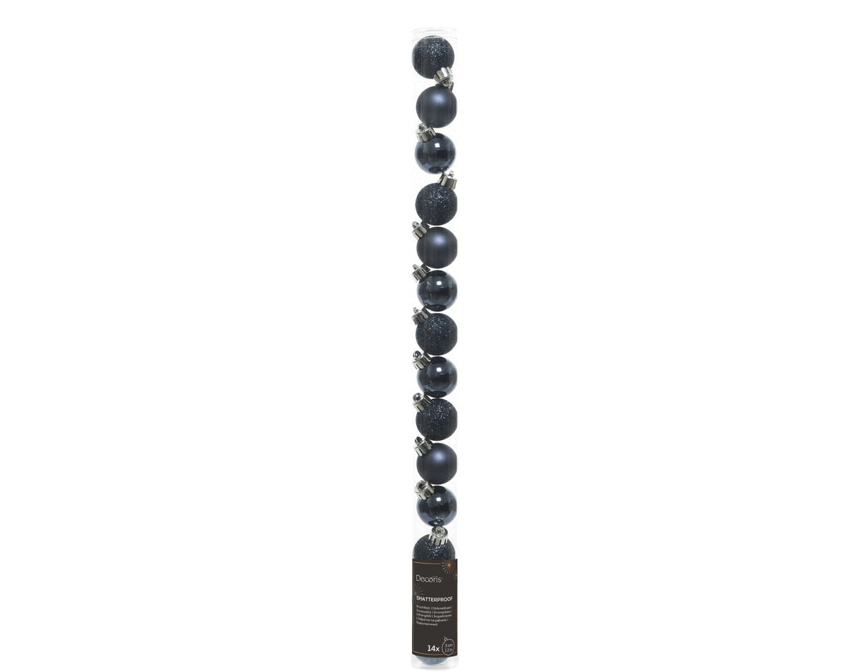 kerstballen polystyreen shiny, matt, glitter mix nachtblauw d.3cm koker a 14 stuks