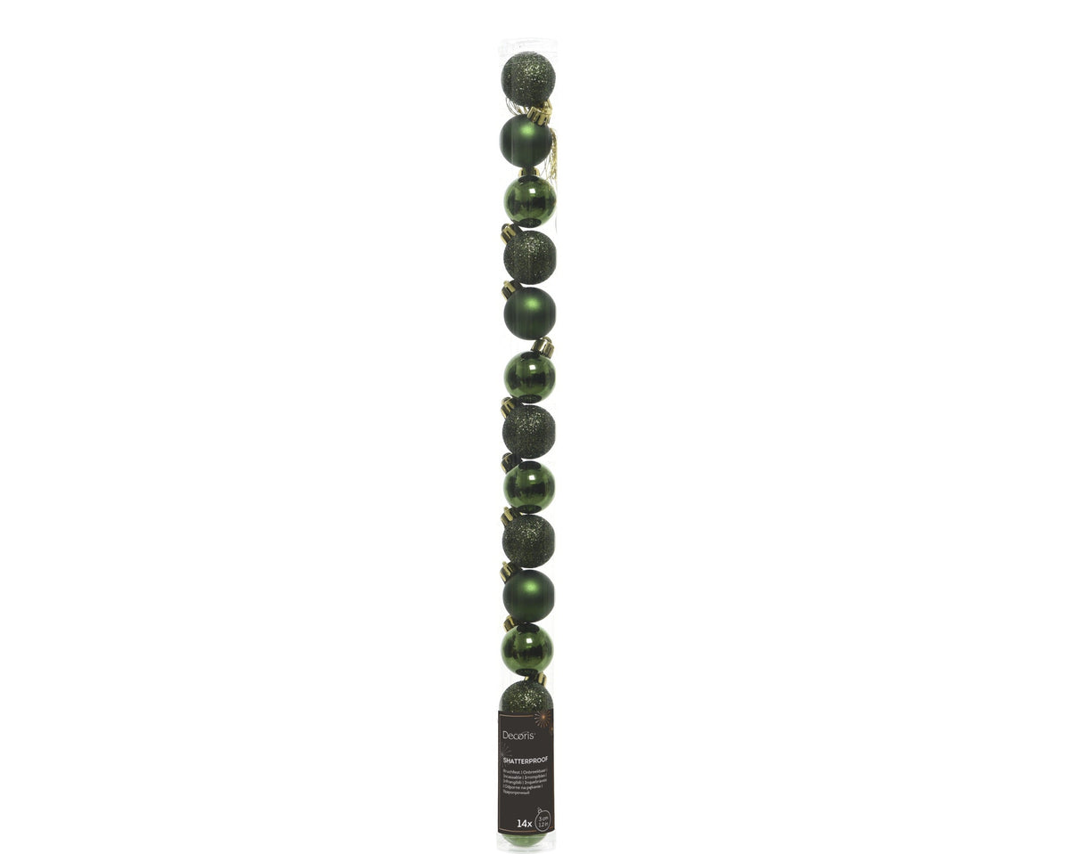 kerstballen polystyreen shiny, matt, glitter mix dennengroen d.3cm koker a 14 stuks
