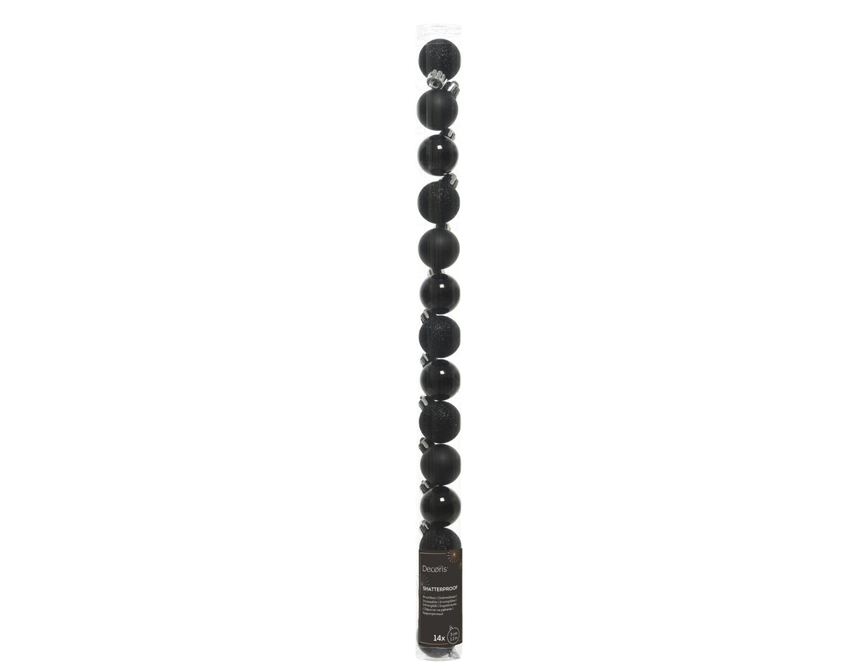 kerstballen polystyreen shiny, matt, glitter mix zwart d.3cm koker a 14 stuks