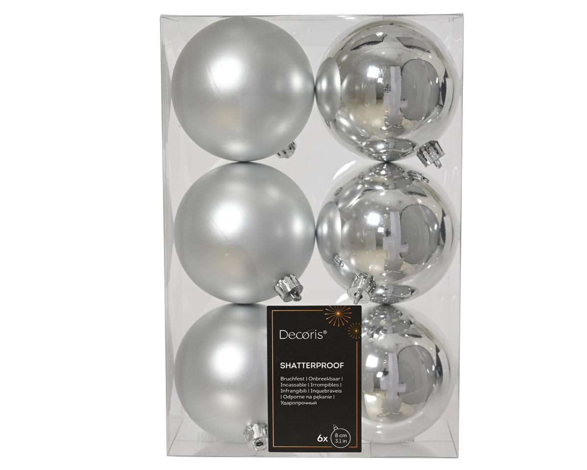 kerstballen polystyreen mix zilver d.8cm koker a 6 stuks