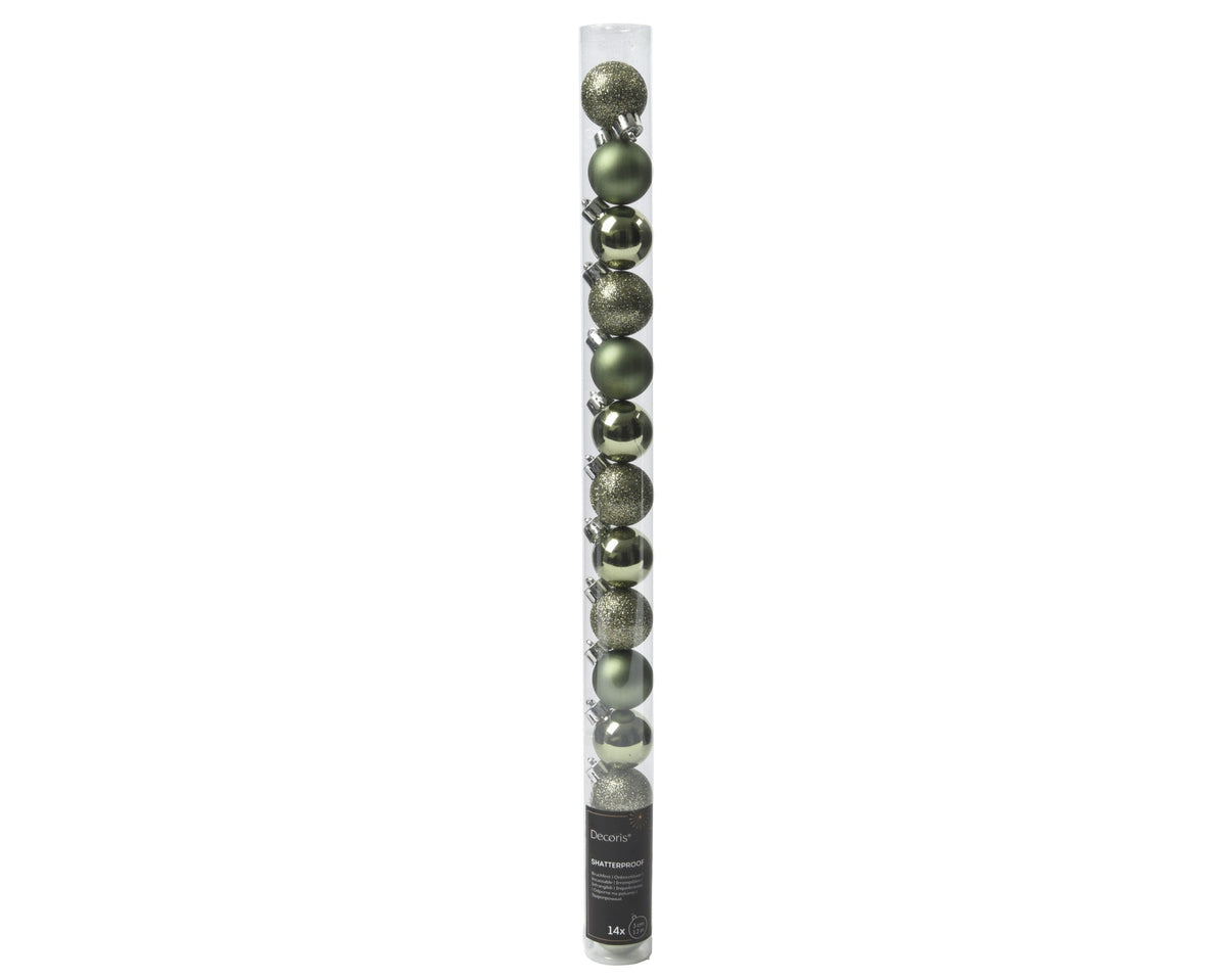 kerstballen polystyreen sh, mt, gl mix rosemarijn d.3cm koker a 14 stuks