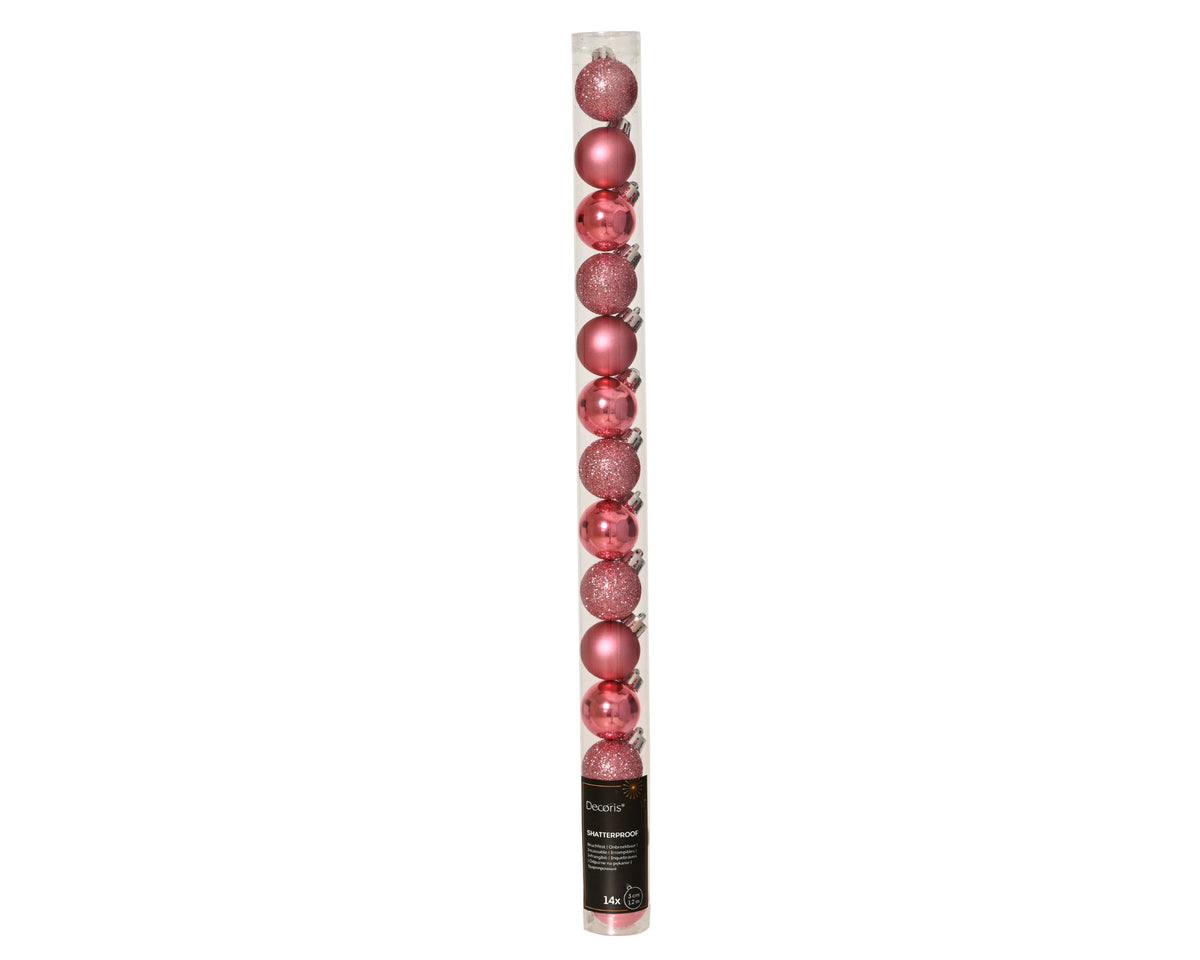 kerstballen polystyreen shiny - matt - glitter mix donker roze d.3cm koker a 14 stuks