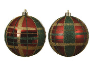 kerstbal kunststof shiny - matt gold - green check glitter 2ass kerstrood d.8cm