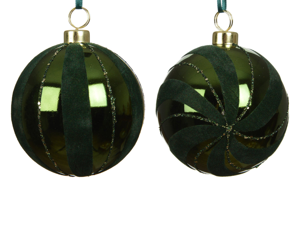 kerstballen polystyreen shiny,flock shiny details 2ass dennengroen d.8cm