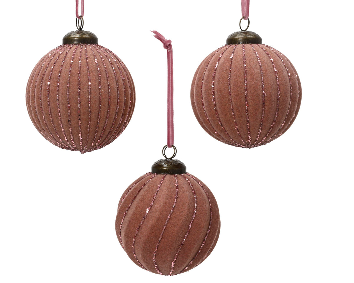 kerstballen polystyreen flock glitter lines 3ass vintage roze d.8cm