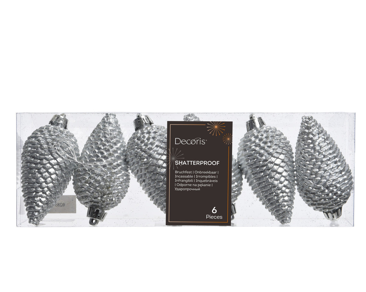 dennenappel polystyreen glitter zilver d.4.5cm x h.8cm koker a 6 stuks