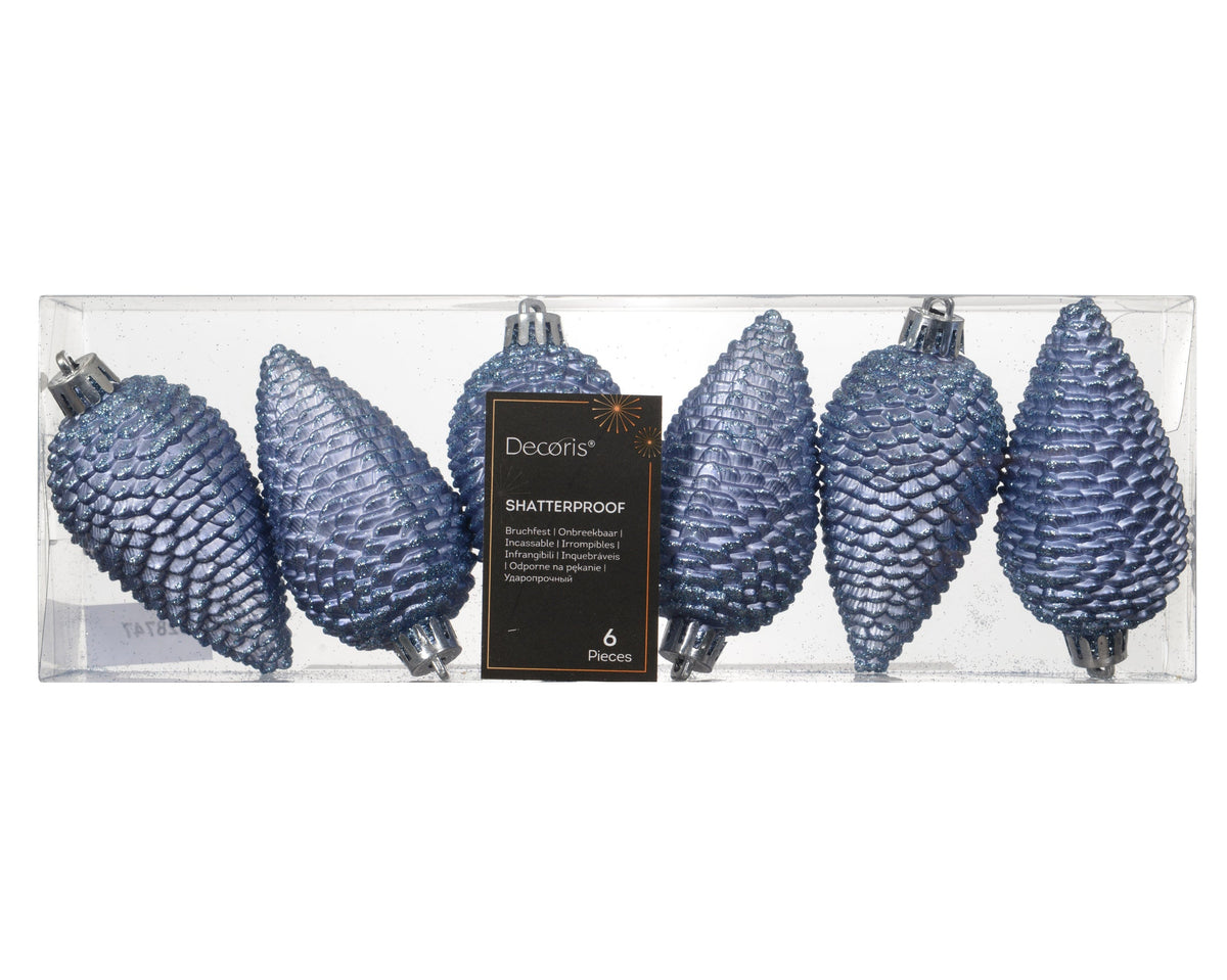 dennenappel polystyreen glitter ochtend blauw d.4.5cm x h.8cm koker a 6 stuks