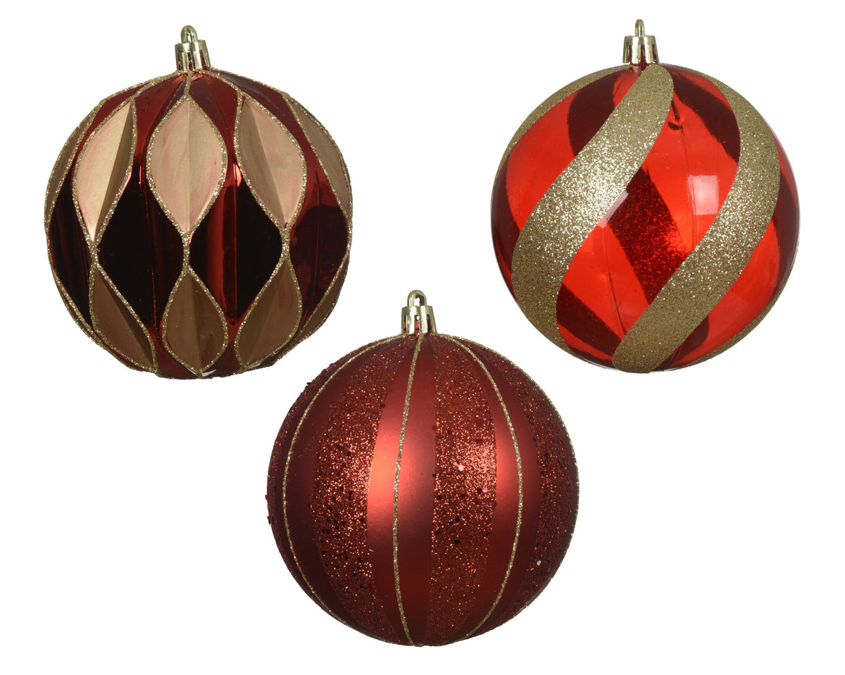 kerstbal kunststof shiny glitter 3ass rood/goud d.10cm