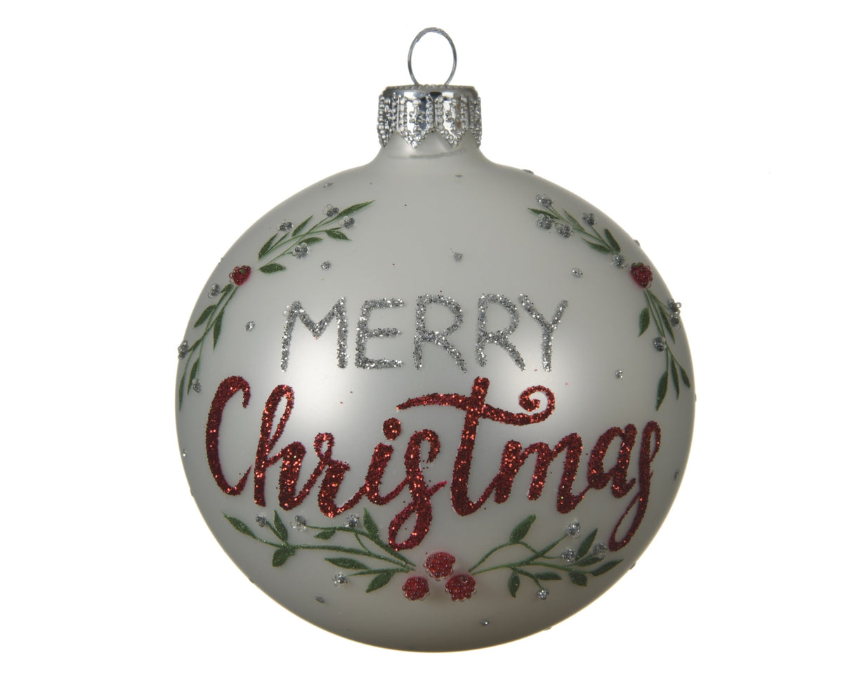 kerstbal glas matt text: merry christmas winterwit d.8cm
