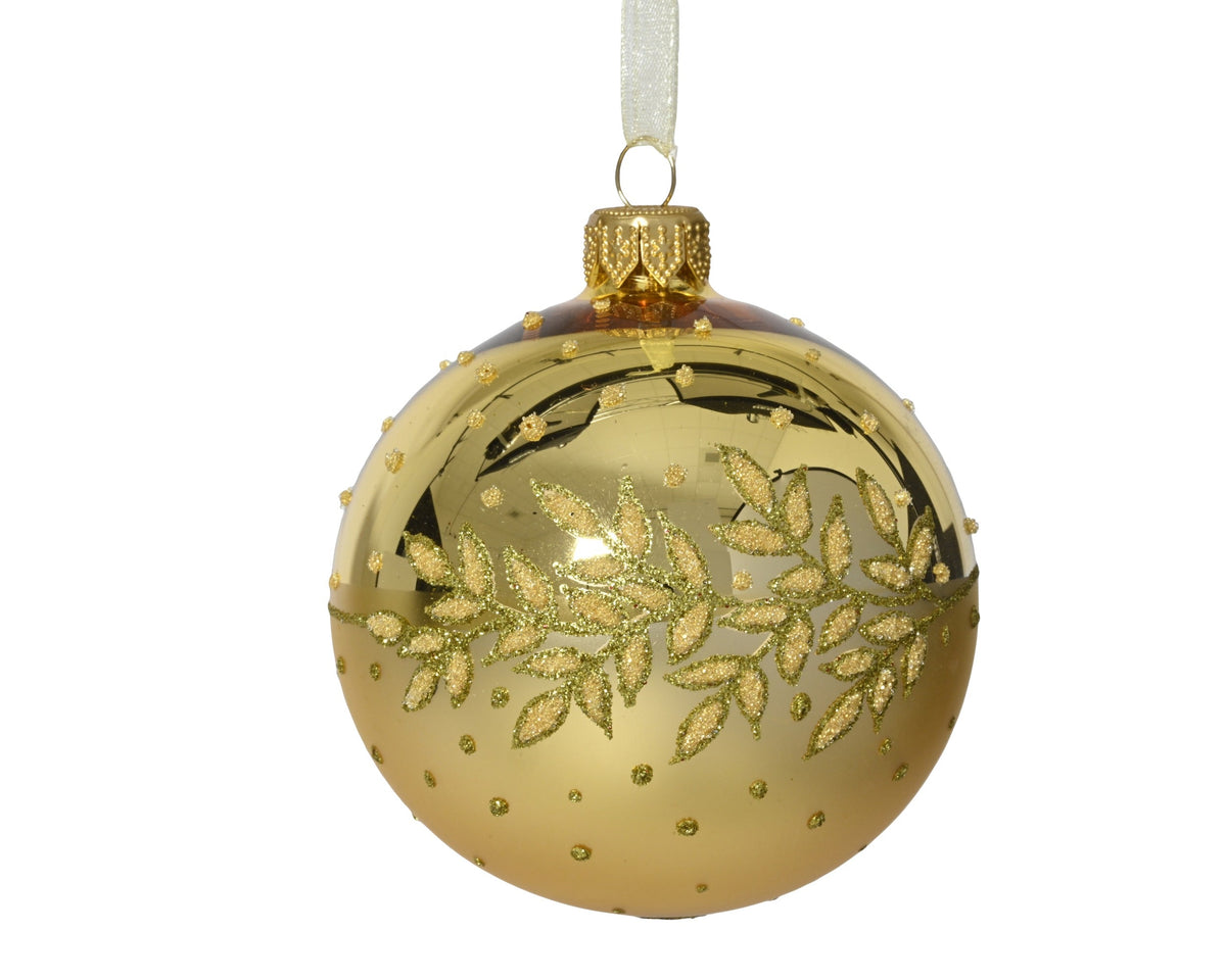 kerstbal glas shiny leaf border licht goud d.8cm