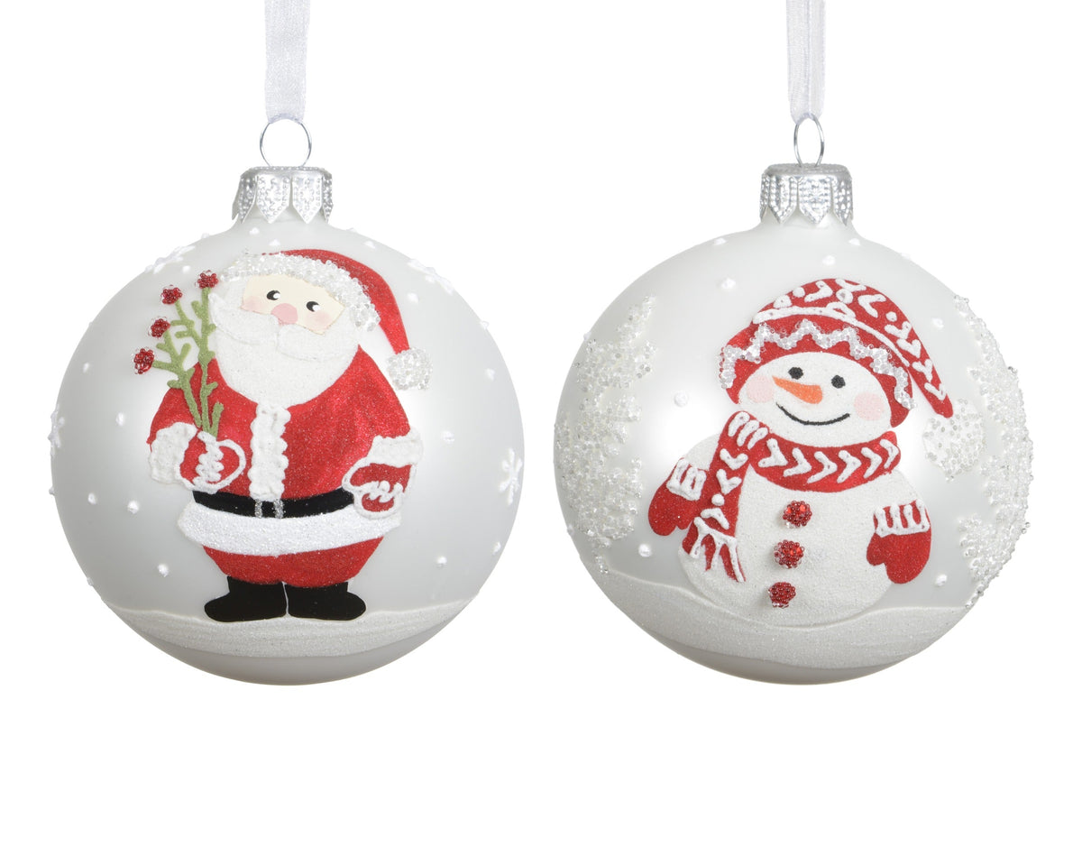 kerstbal glas matt santa - snowman 2ass winterwit d.8cm