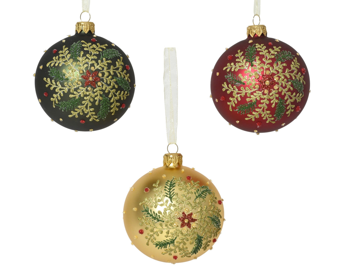kerstbal glas matt small leaf branches 3col ass assortie d.8cm