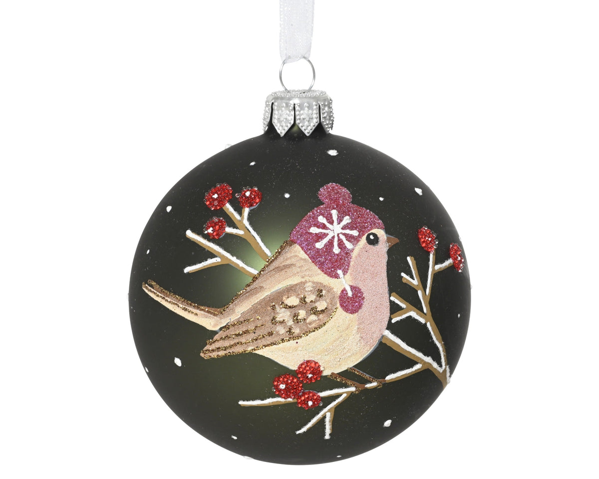 kerstbal glas matt bird on branch dennengroen d.8cm