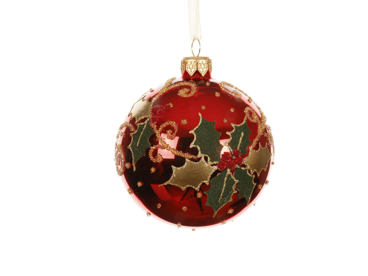 kerstbal glas shiny holly kerstrood d.8cm