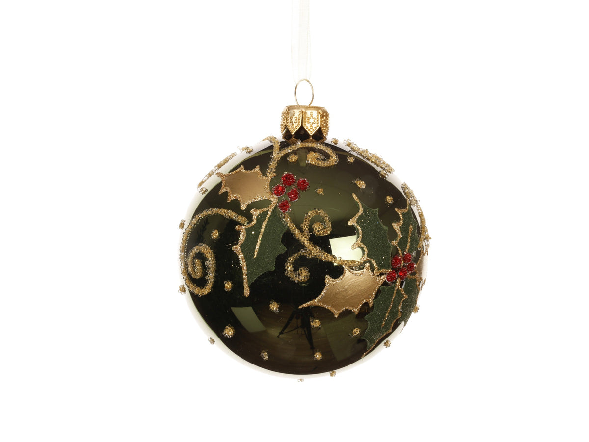 kerstbal glas shiny holly dennengroen d.8cm