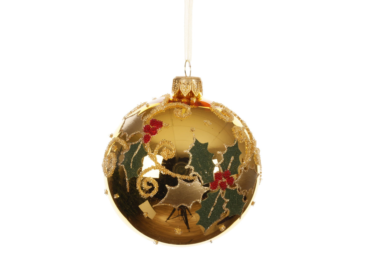 kerstbal glas shiny holly licht goud d.8cm