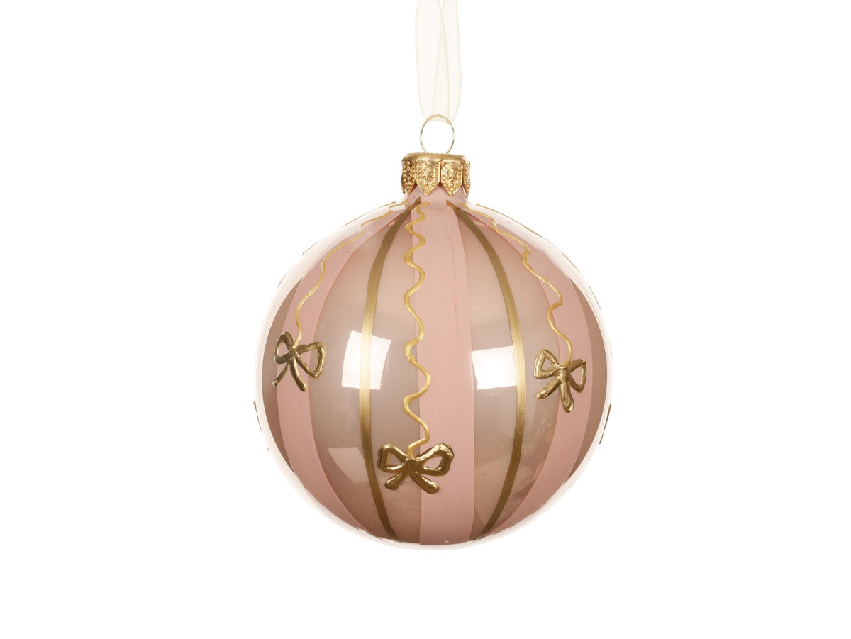 kerstbal glas enamel small bows with lines poederroze d.8cm