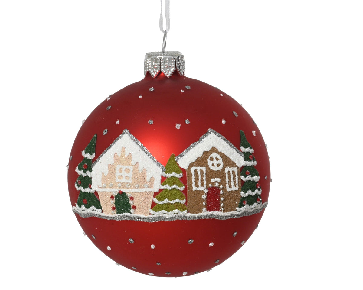 kerstbal glas matt houses kerstrood d.8cm