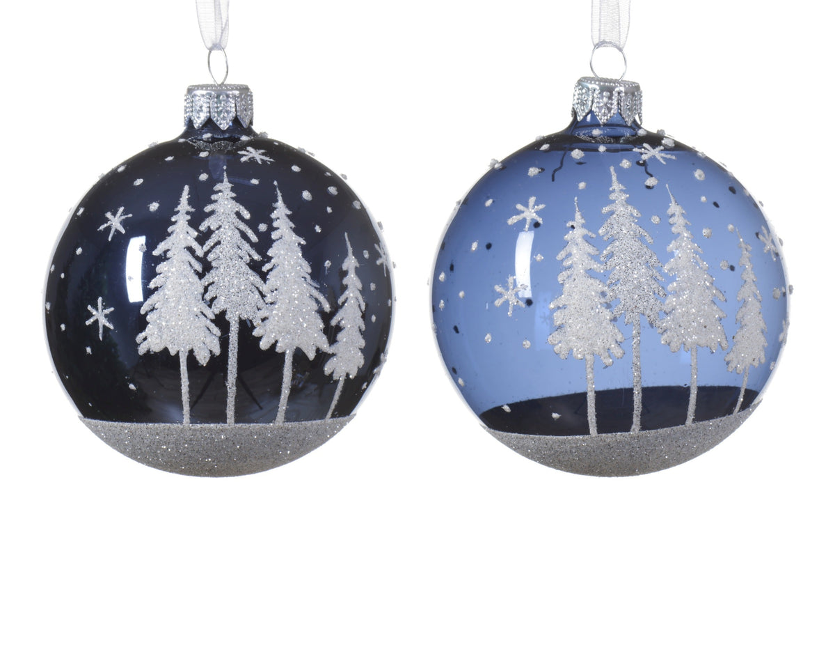 kerstbal glas shiny trees 2col ass nachtblauw d.8cm