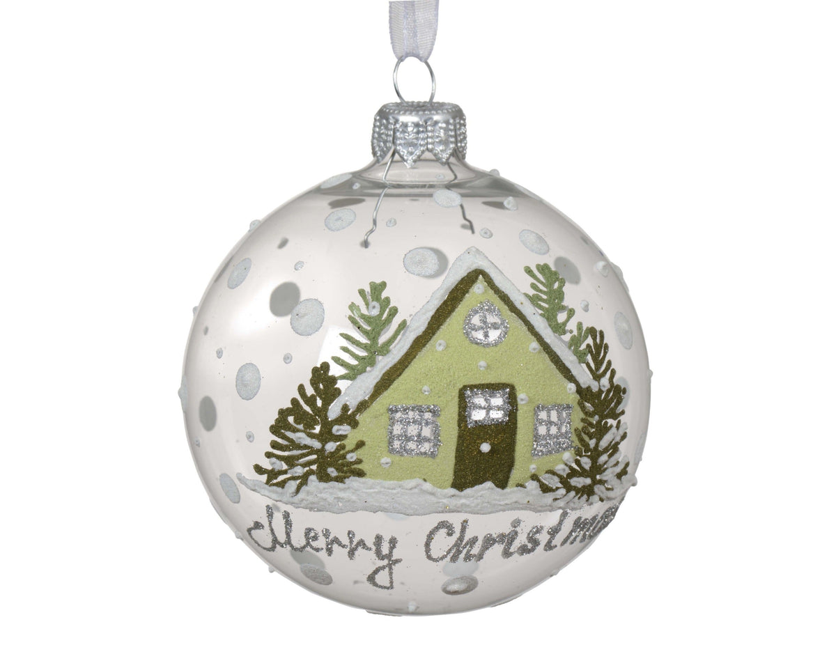 kerstbal glas transparent house with text uk transparant d.8cm
