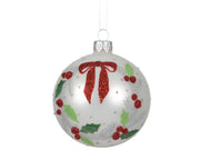 kerstbal glas matt holly wreath with bow winterwit d.8cm