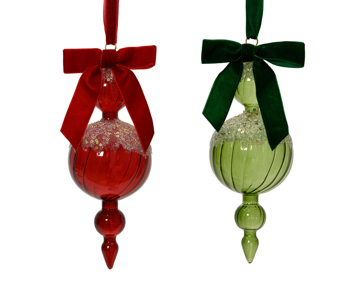 ornament glas shiny with glitter ribs, bow 2col ass assortie d.9cm x h.25cm