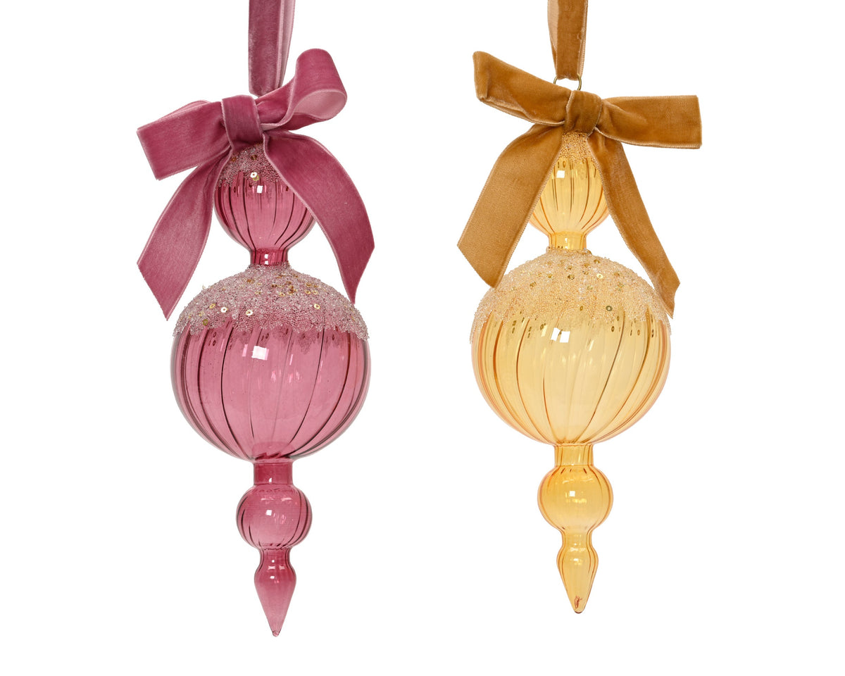 ornament glas shiny with glitter ribs, bow 2col ass assortie d.9cm x h.25cm