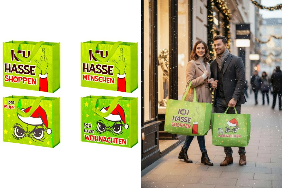 einkaufstasche "festtagsmuffel" 44x33x14,5cm mit spruch, grün, 4 designs