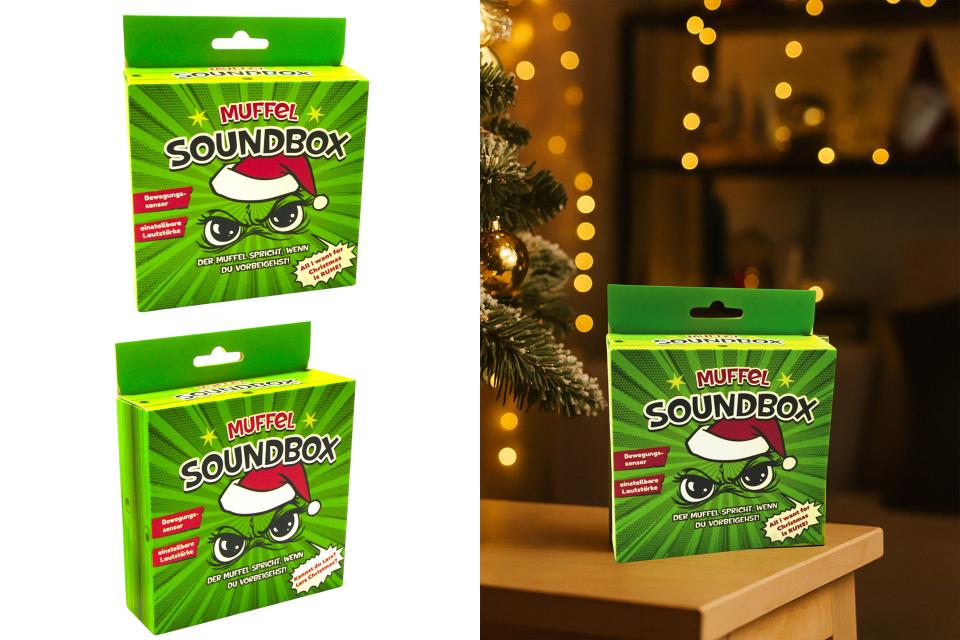 soundbox "festtagsmuffel", 12x12x3,5cm, mit bewegungssensor, 2 musikfiles, 2 designs