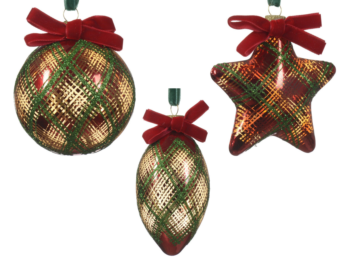 ornament glas silver finish w check, w glitter, w oxblood velvet bow on top 3ass multi d.8cm