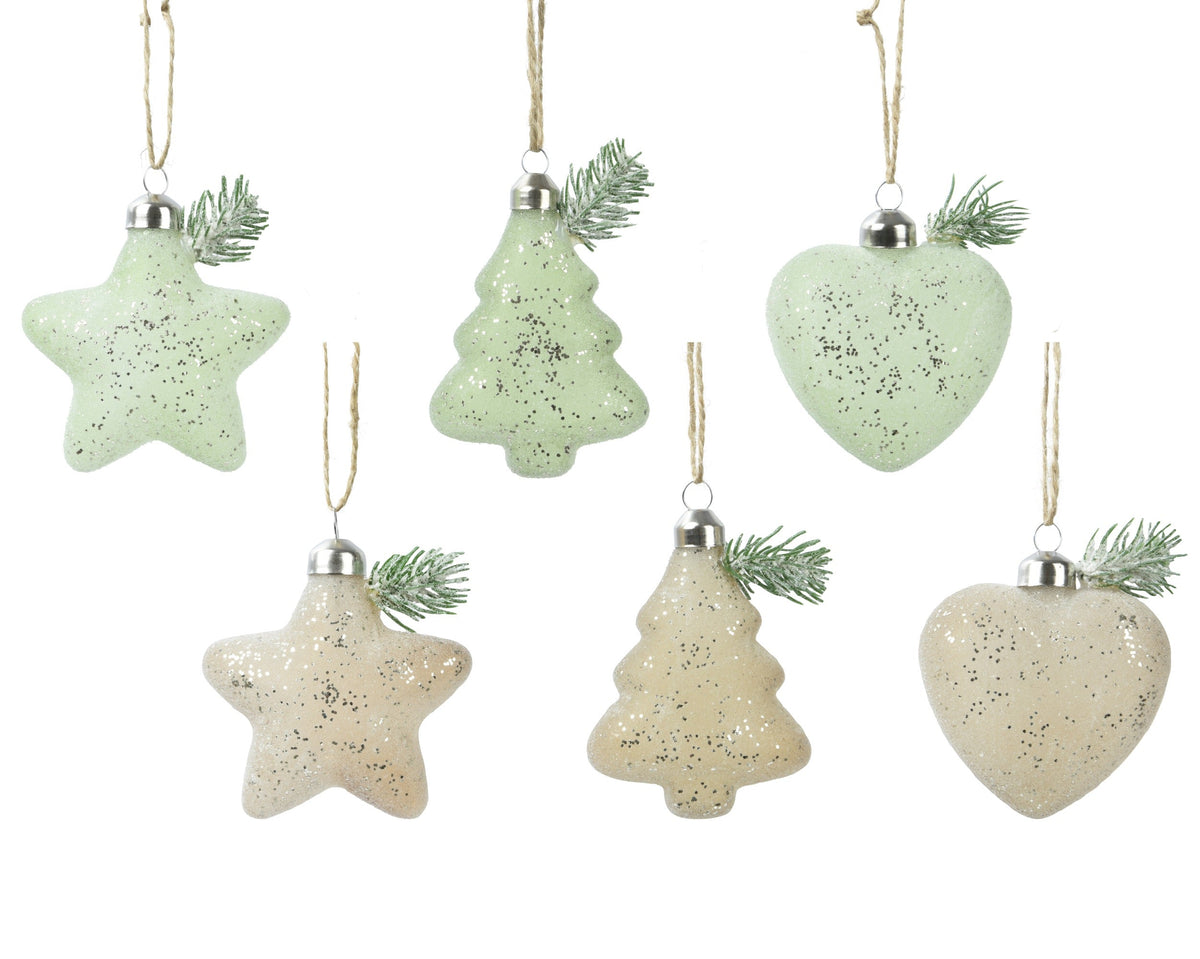 ornament glas opaque color w artificial branch, glitter 6ass assortie l.8cm x w.3.5cm x h.10cm