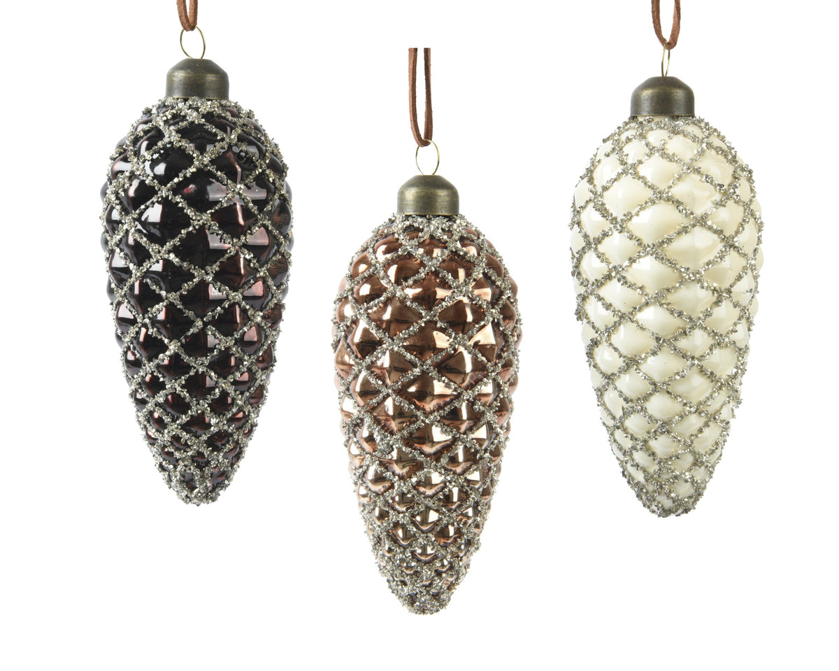 olijf glas silver inside w shiny - enamel w gold glass beads crosswire 3col ass assortie d.6cm x h.12cm