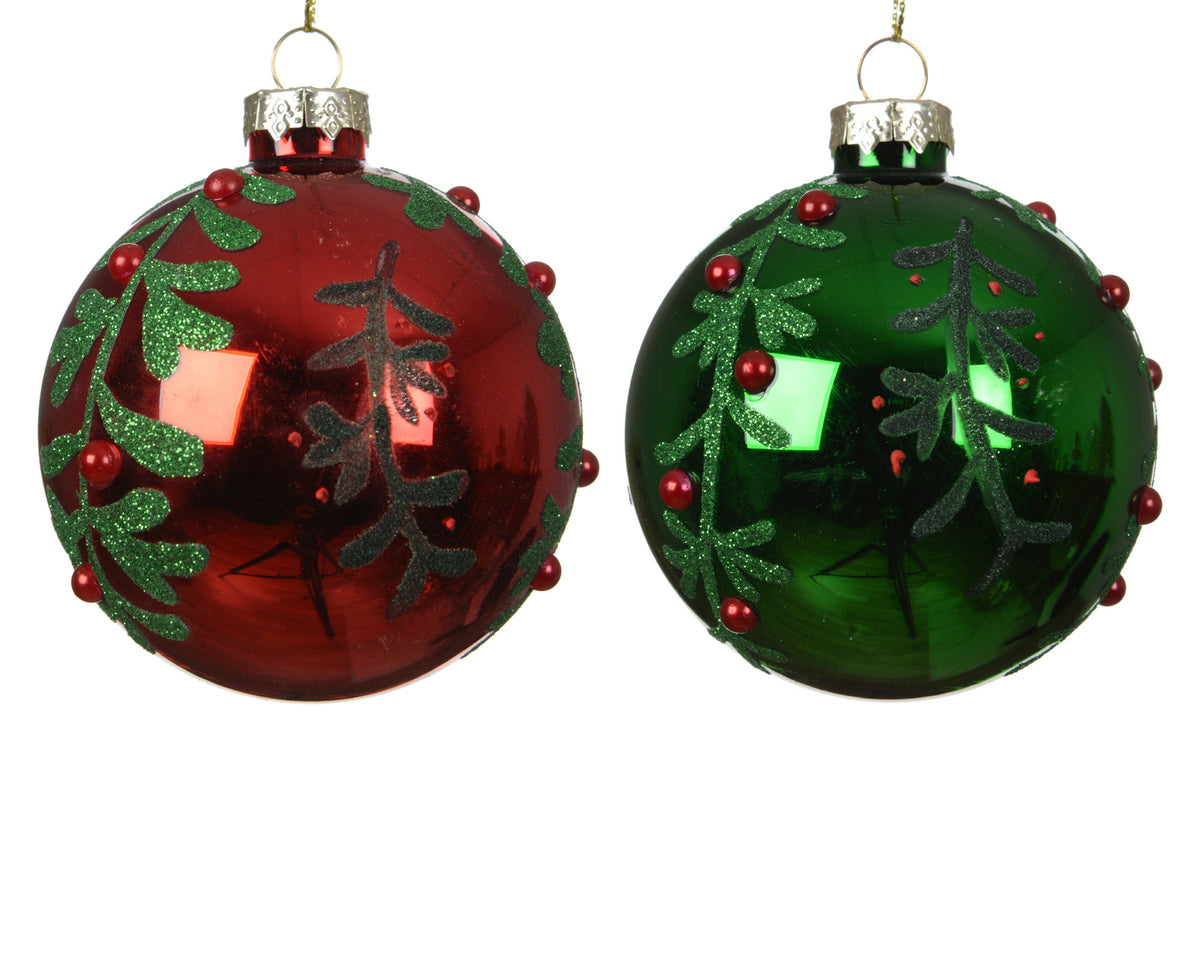 kerstballen glas shiny with green leaves 2col ass assortie d.8cm
