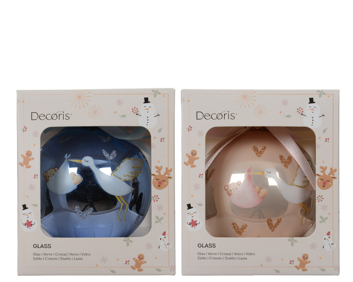 kerstballen glas with swan and baby decal, with bow on top 2col ass assortie d.10cm