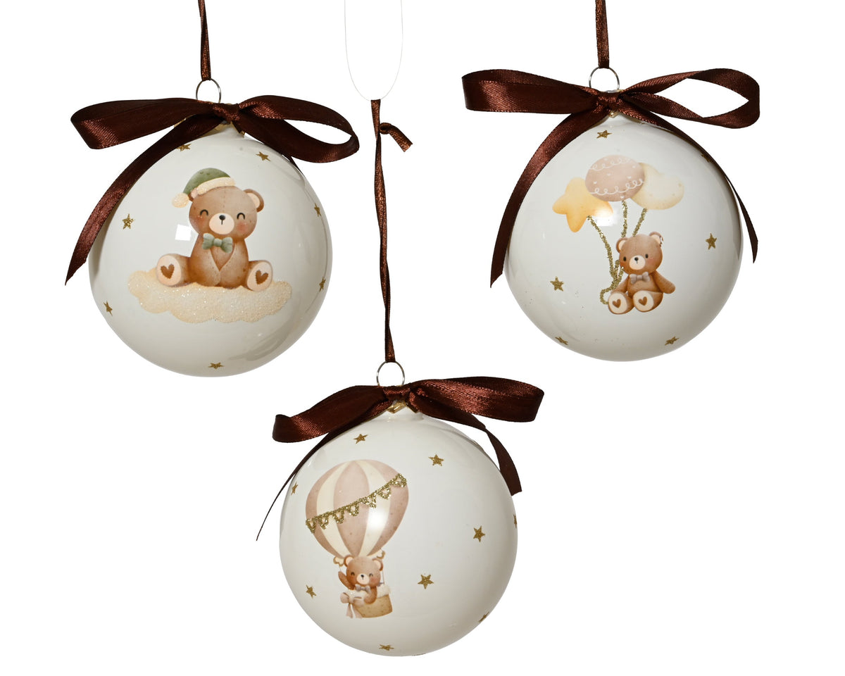 kerstballen glas with bear decal and star 3ass assortie d.8cm