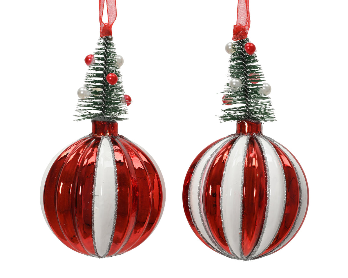 kerstballen glas with tree on top 2ass kerstrood/kleur(en) d.8cm