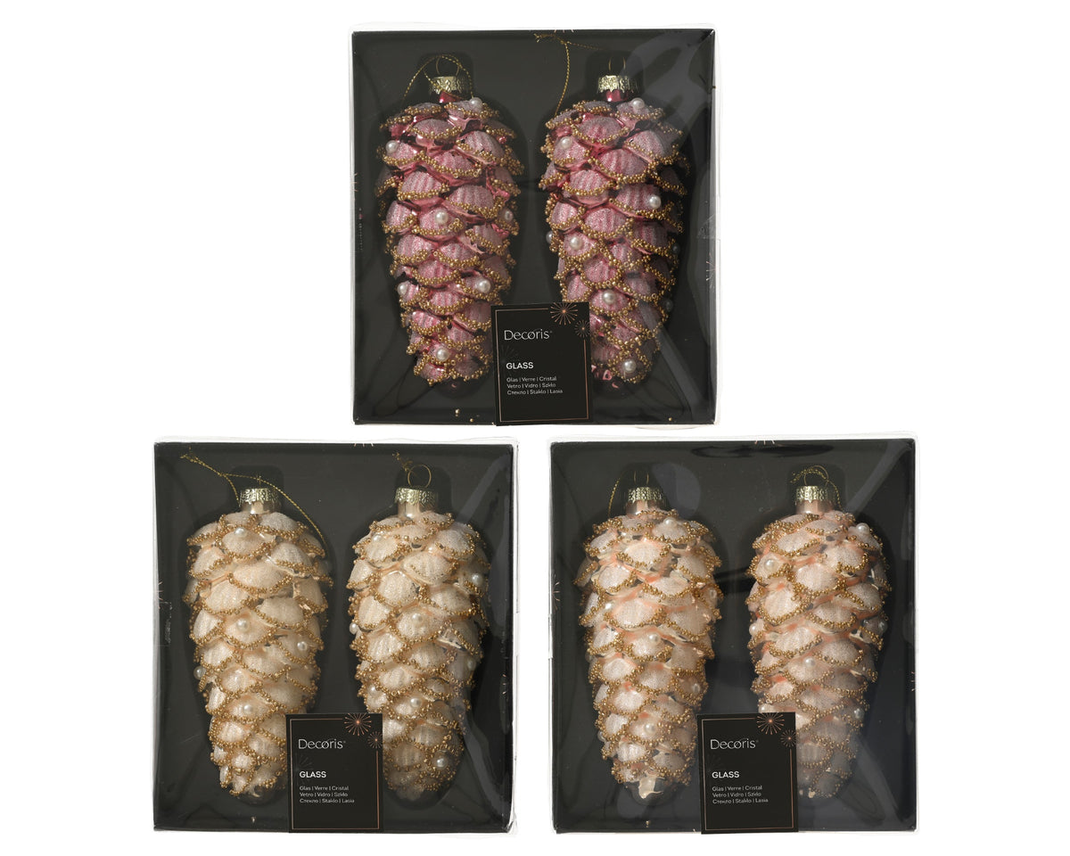 dennenappel glas matt with bead diamonds 3col ass assortie d.6cm x h.12cm