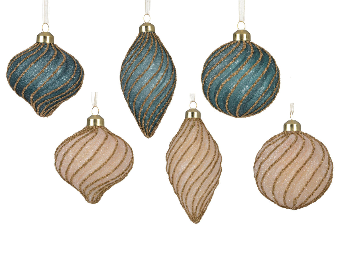 kerstballen glas matt with bead swirls 6ass assortie d.8cm