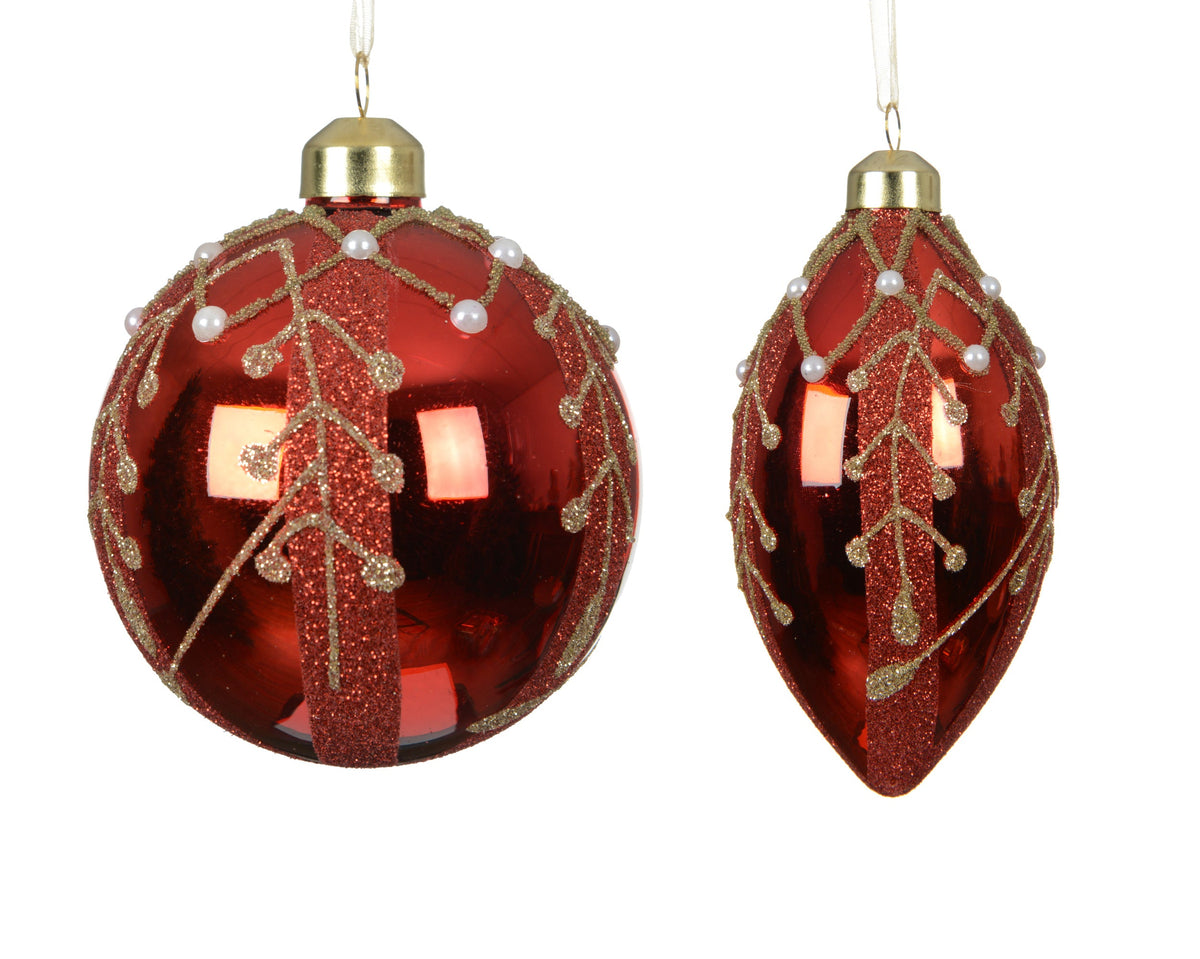 kerstballen glas silver inside with glitter, pearl 2ass rood d.8cm