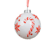 kerstballen glas shiny with candy cane, snow wit/rood d.8cm