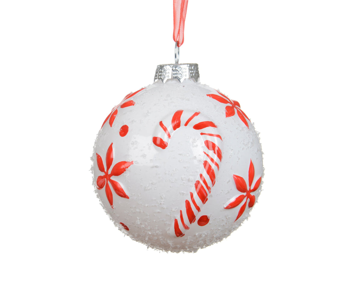 kerstballen glas shiny with candy cane, snow wit/rood d.8cm