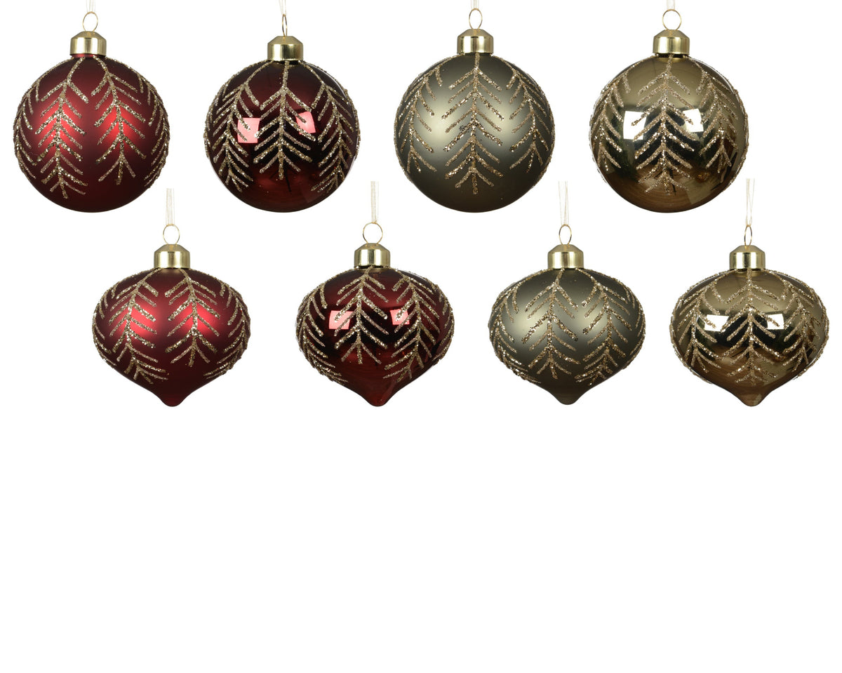 kerstballen glas shiny - matt with sequins leaves 8ass assortie d.8cm